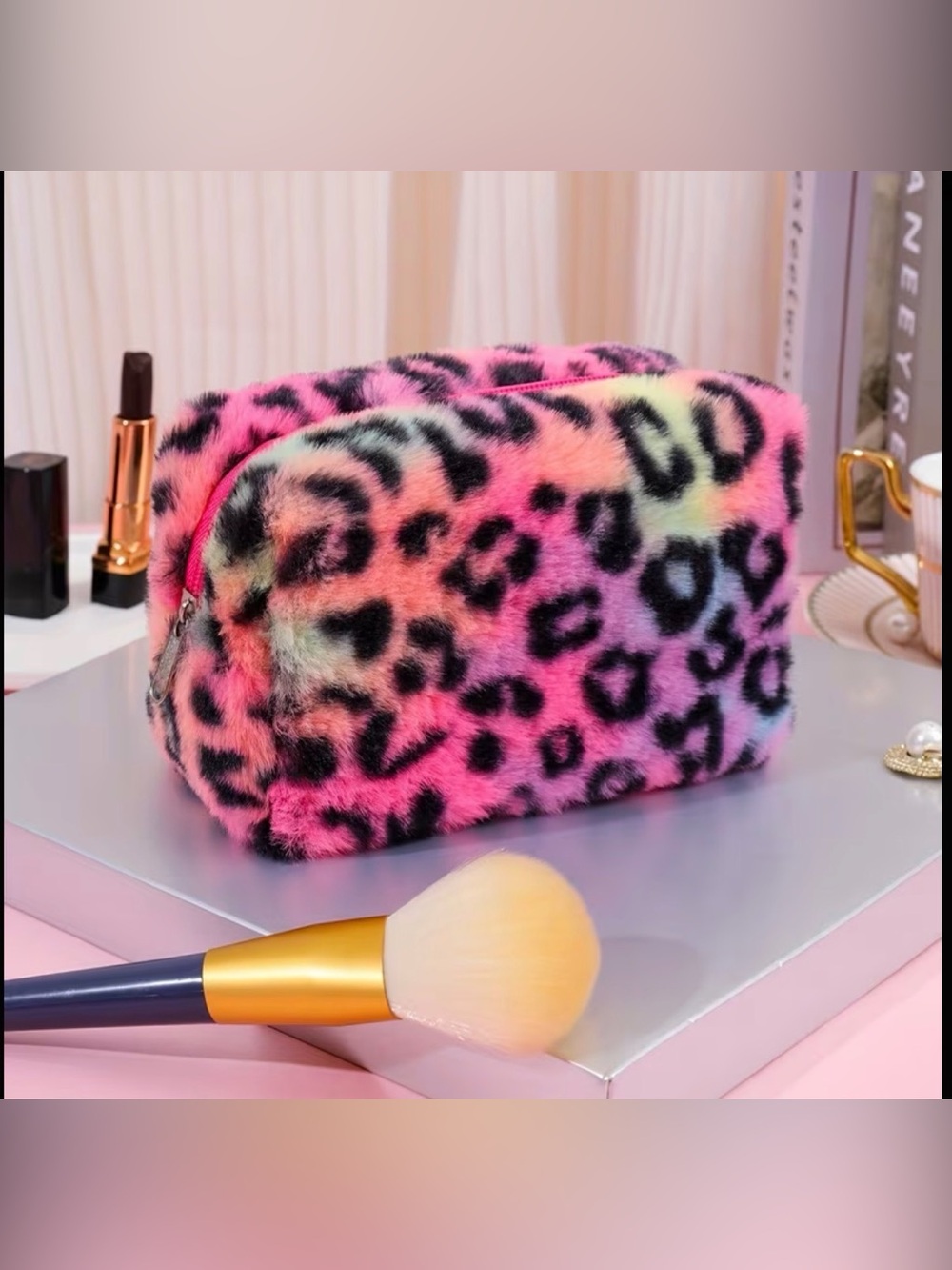 Faux Fur Leopard Print Cosmetic Bag - Pink Multicolor